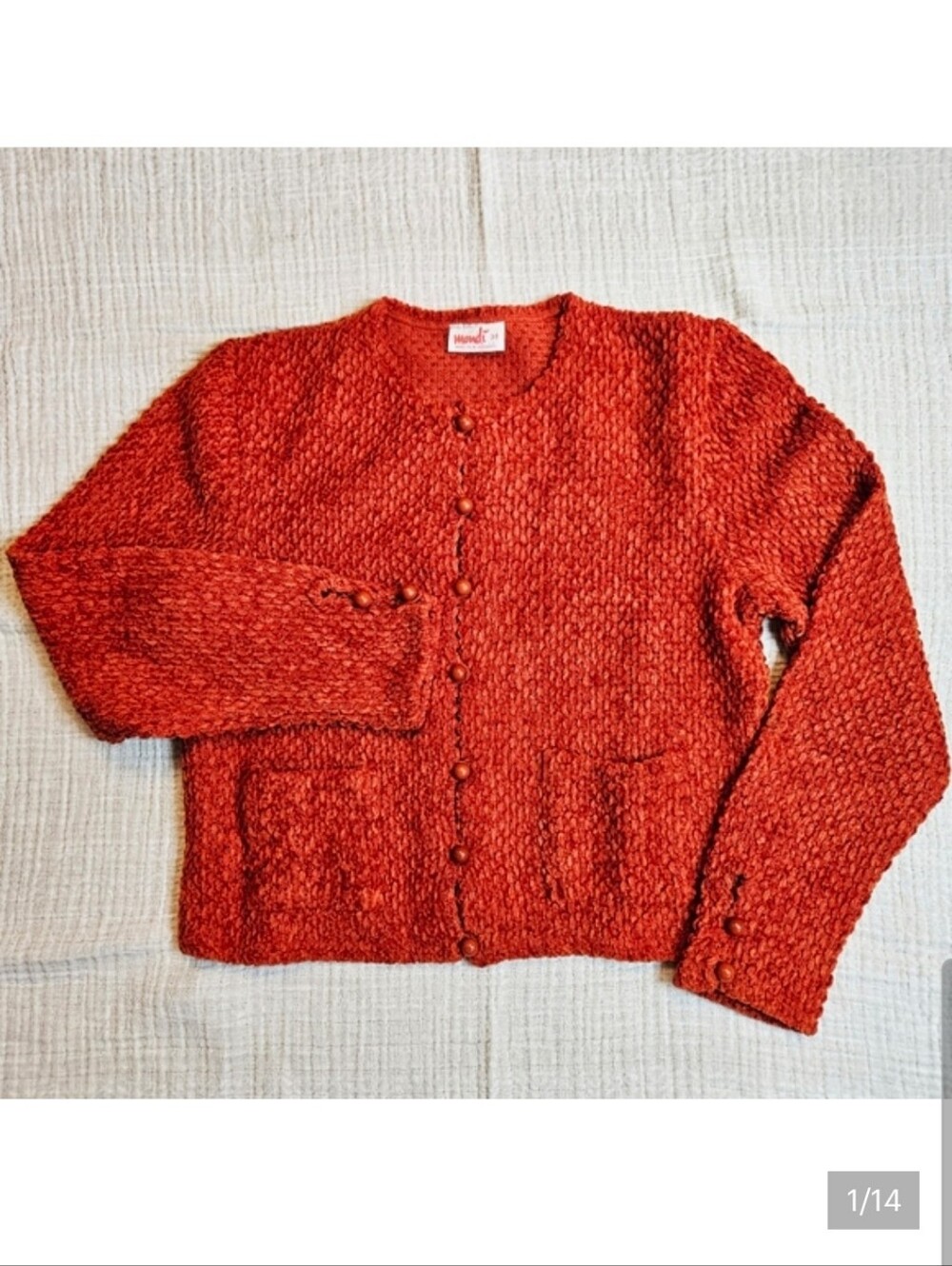 Vintage 70s Mondi Boucle Cropped Cardigan With Round Buttons Orange Red Small